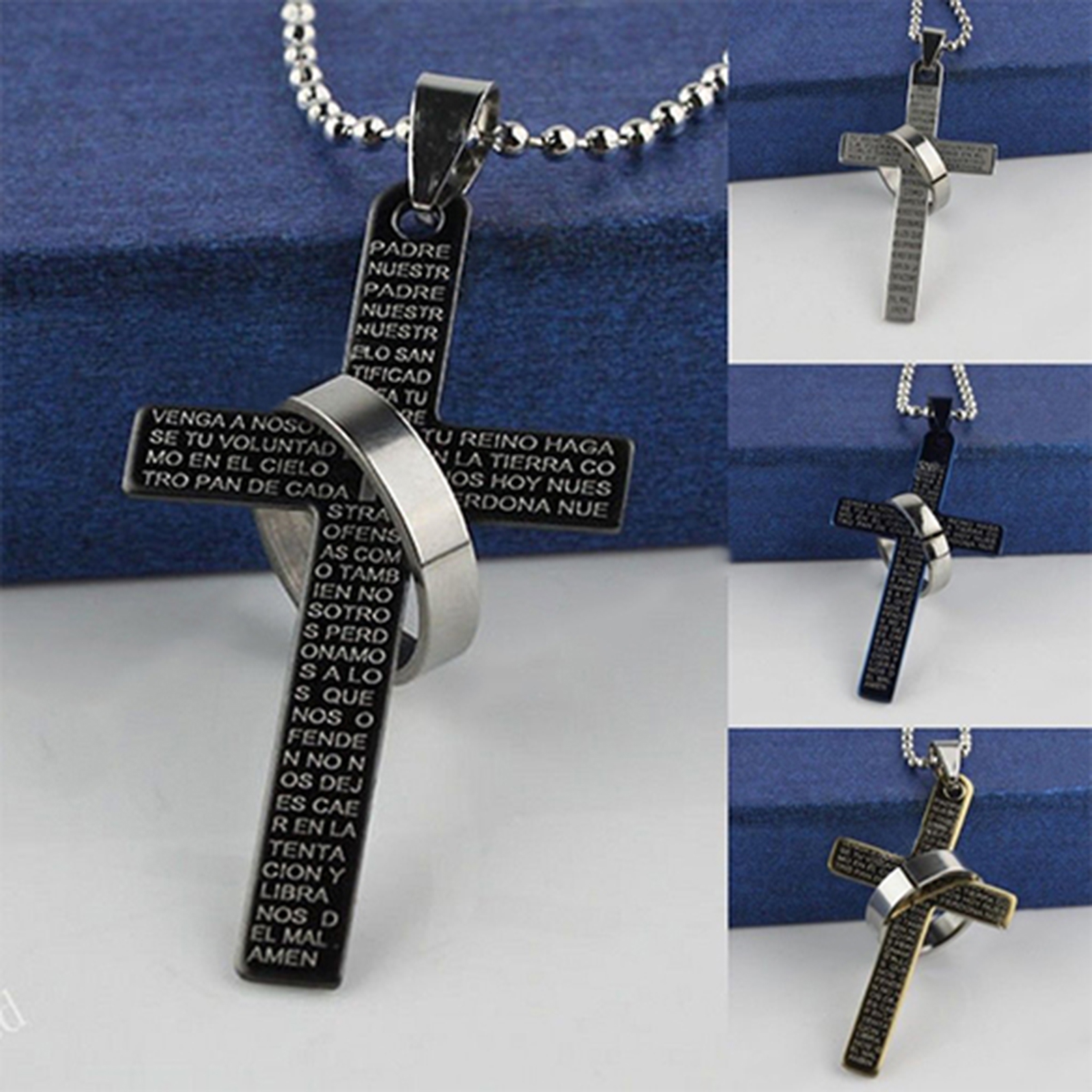 Jiaroswwei Men Stainless Steel Prayer Cross Ring Pendant Ball Chain Punk Necklace Jewelry